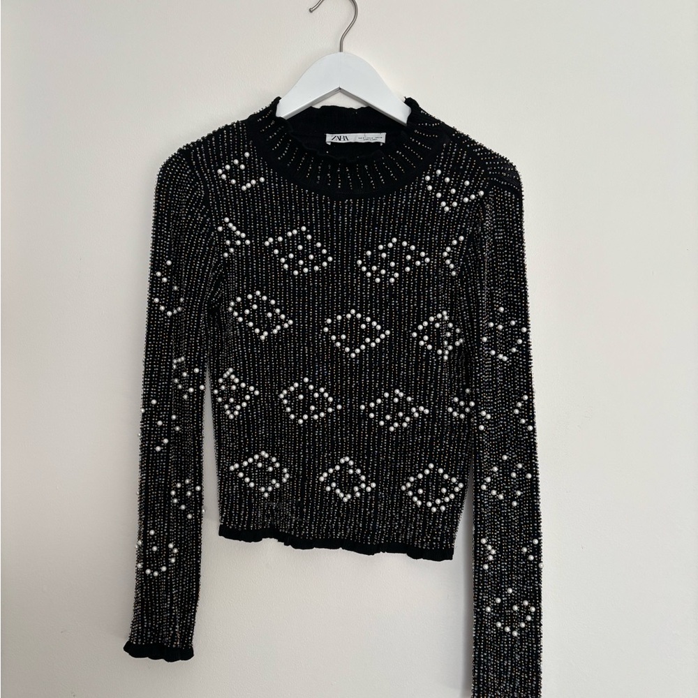 Zara Black Sweater with Silver Beaded Diamond Motif